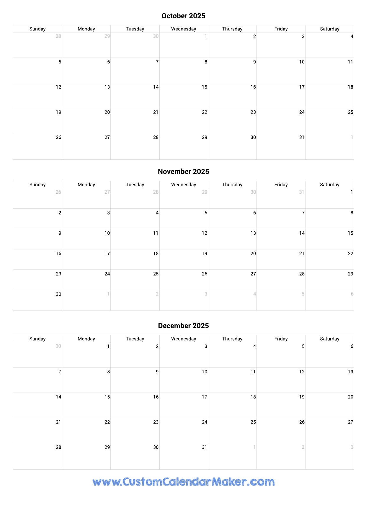 Printable October November 2025 December Calendar