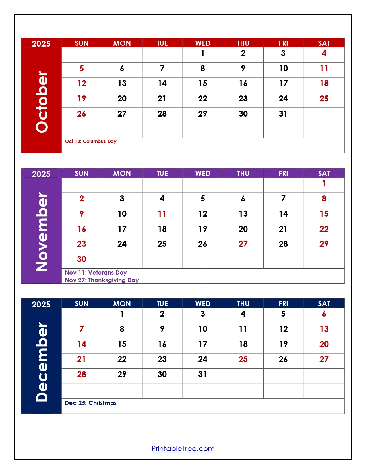 October November 2025 December Calendar Printable