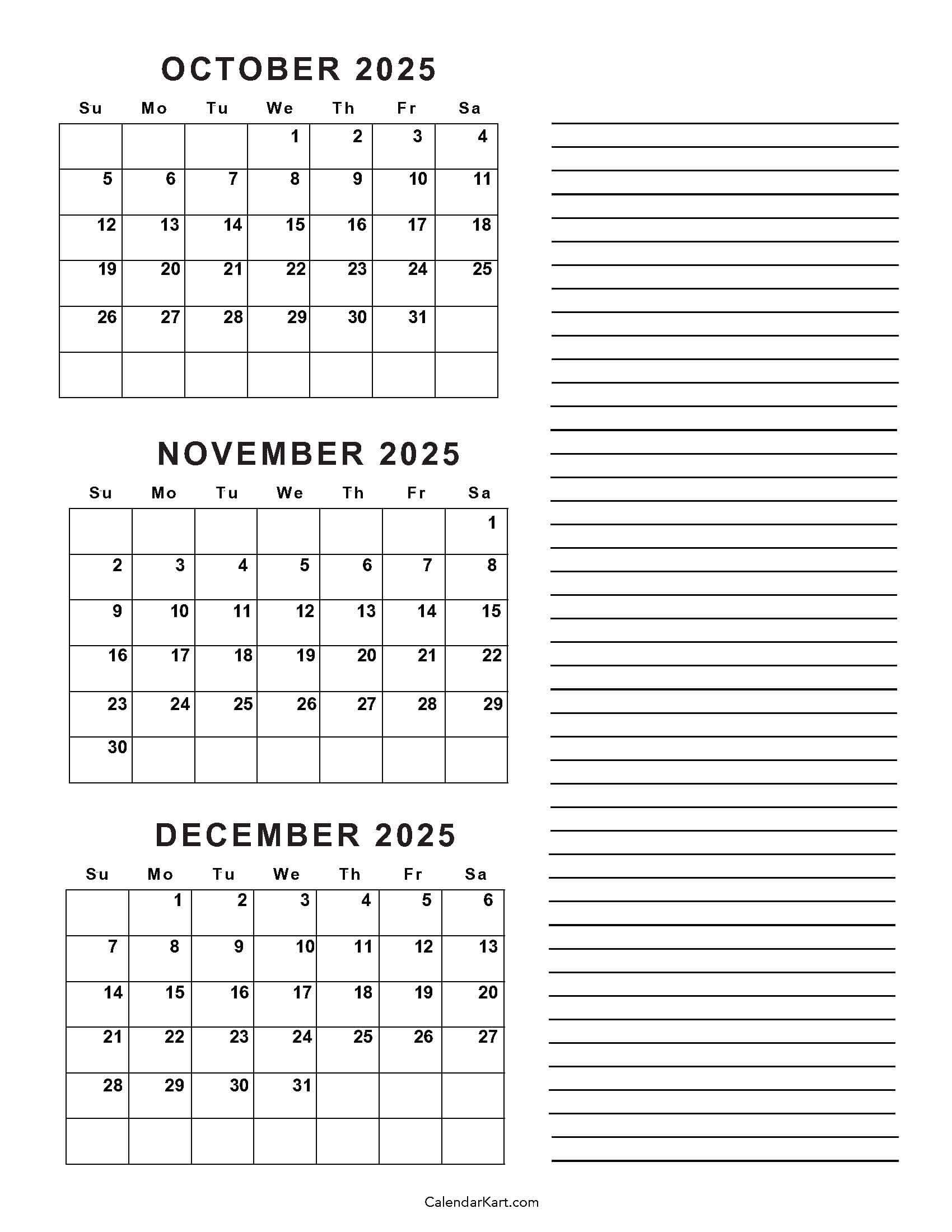September To December 2025 Calendar