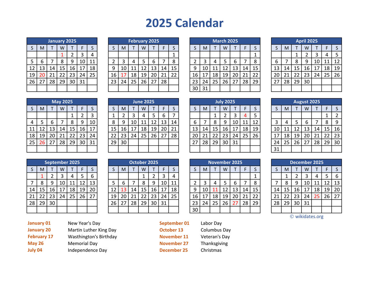 Free Printable 2025 Monthly 2025 Calendar With Holidays Usa