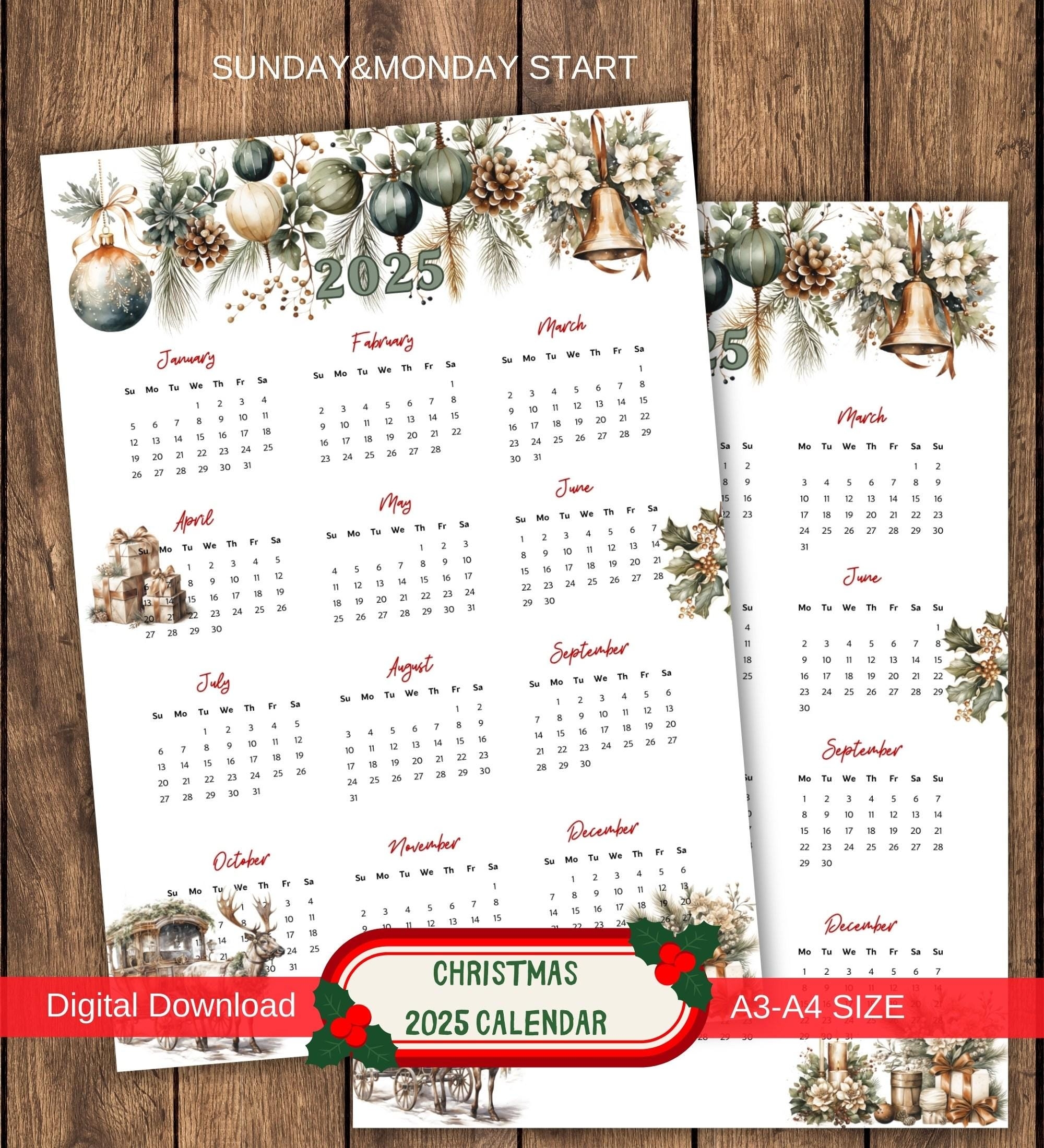Printable 2025 Christmas Calendar 2025 Noel Yearly Wall 
