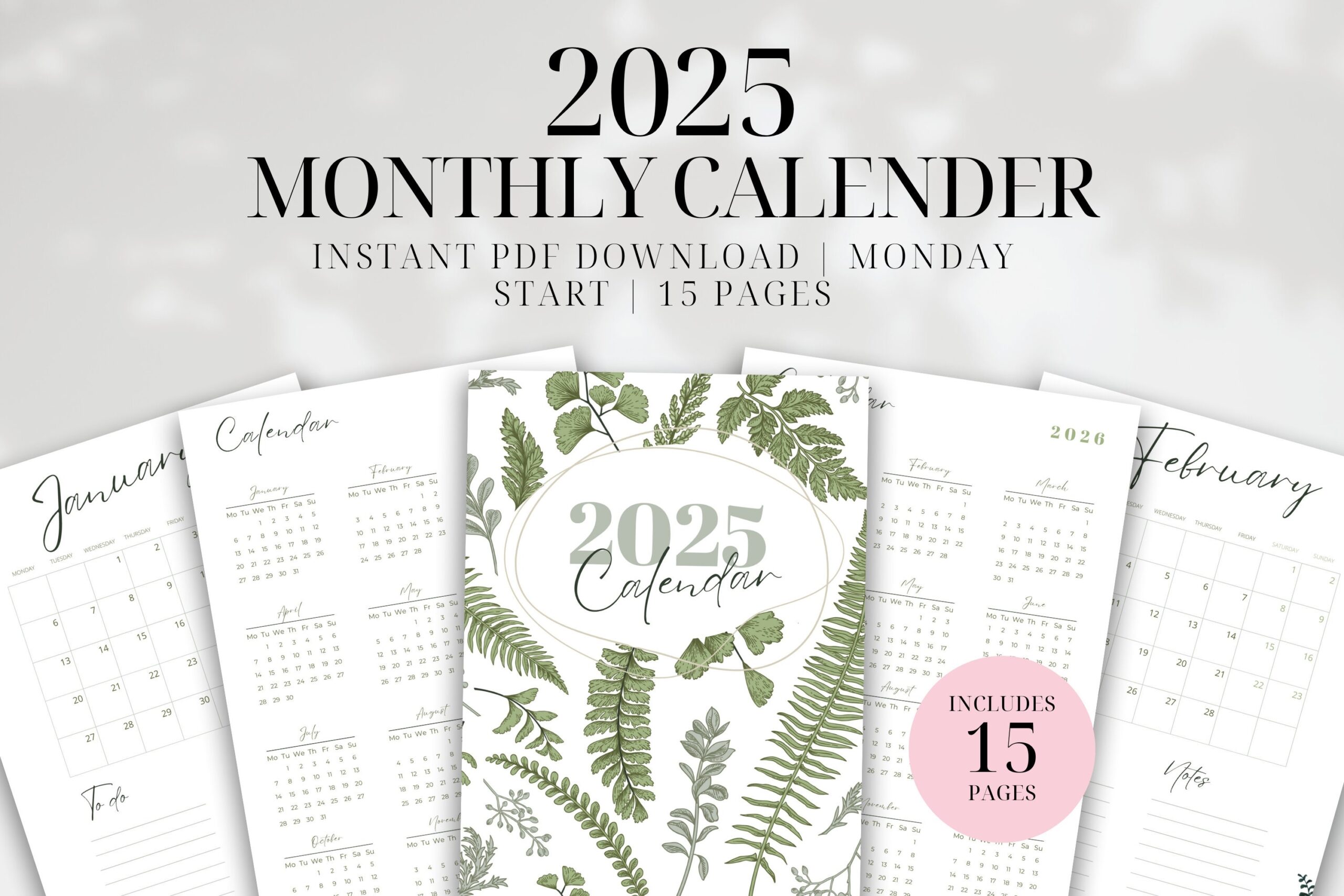 Printable 2025 Green Leaf Calendar Monday Start Monthly Calendar 