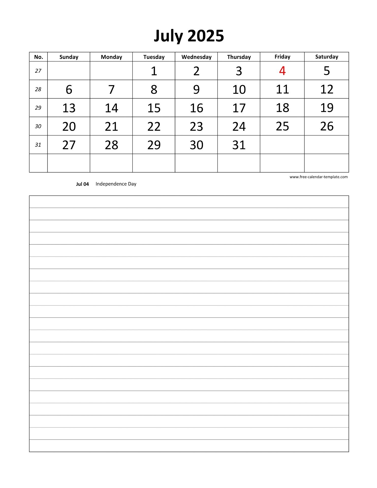Free Printable Blank July 2025 Calendar