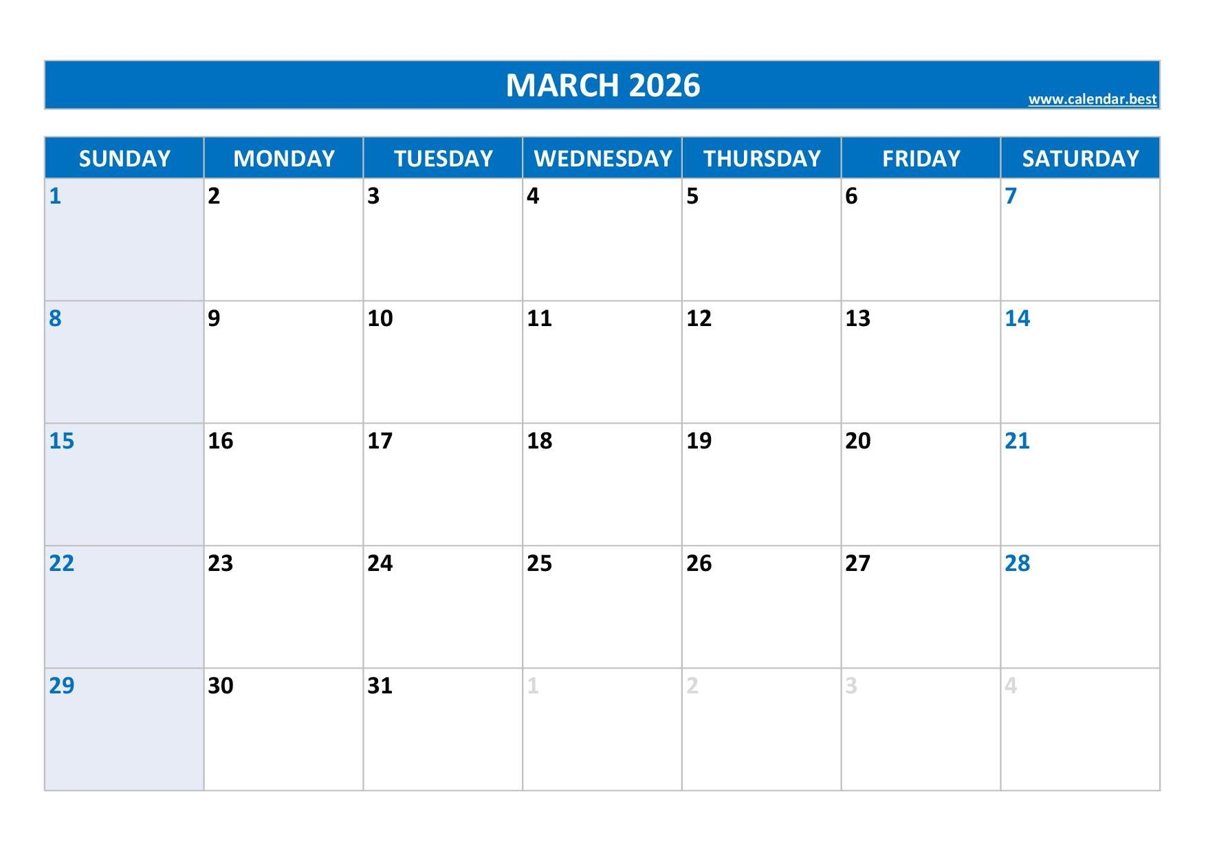 Free Printable 2026 Calendar March