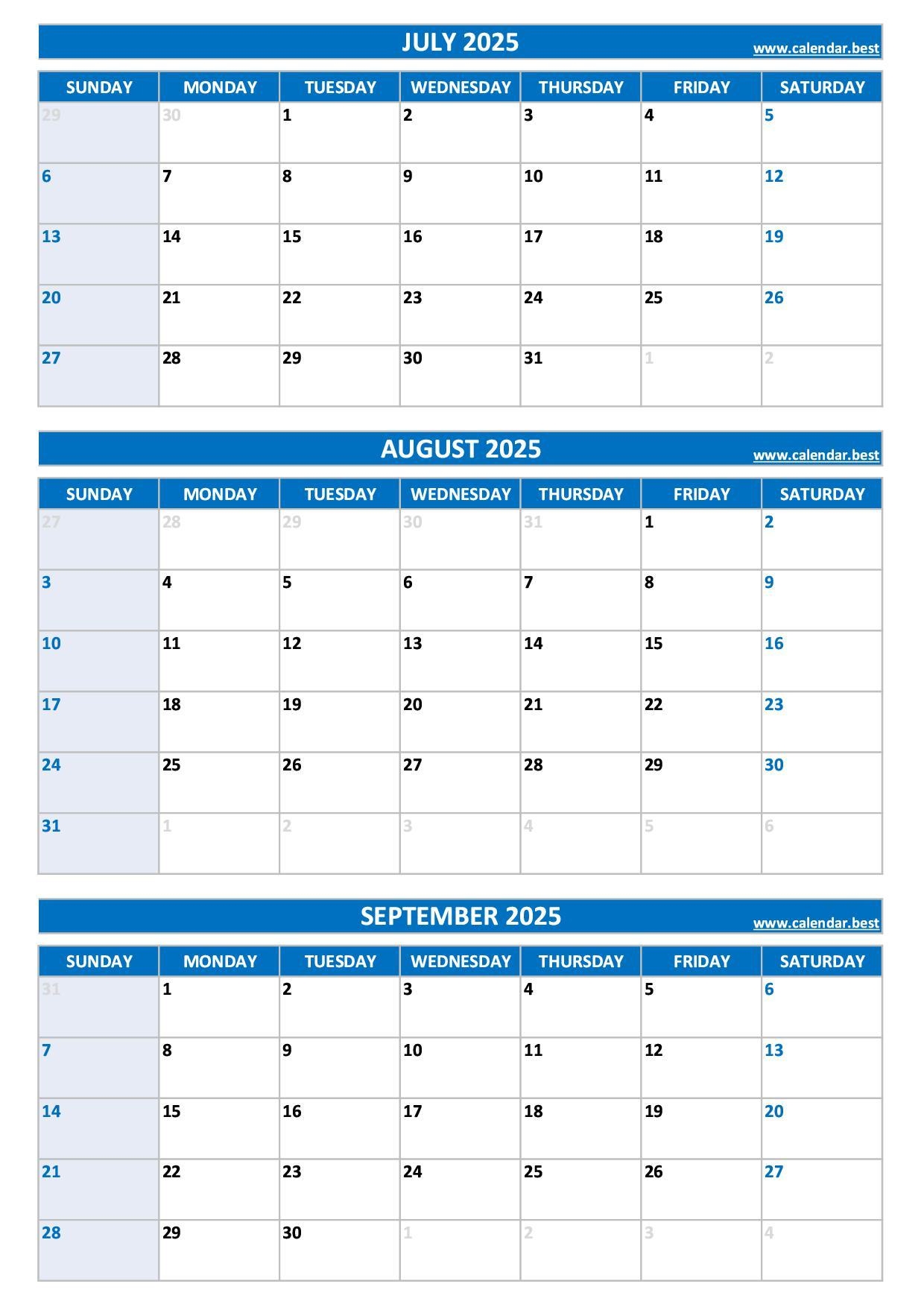 Free Printable 3 Month Calendar August 2025