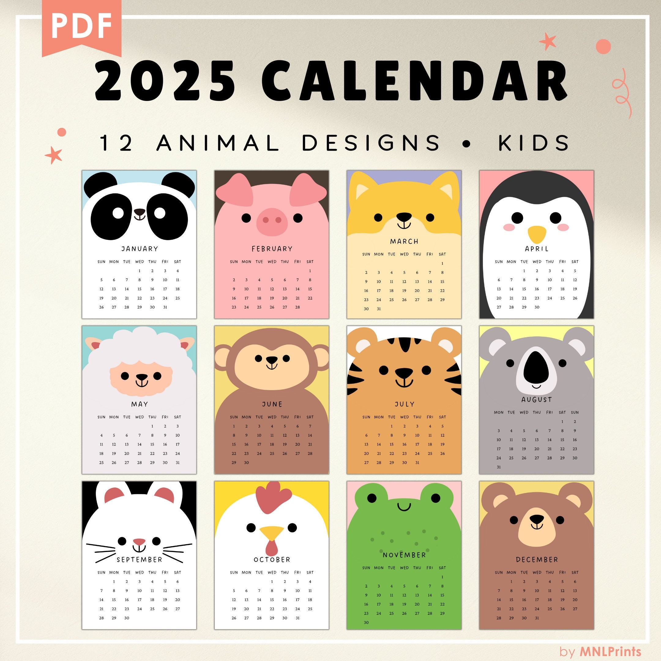 Printable Calendar 2025 For Kids Calendar 2025 Calendar Cute Calendar Homeschooler Calendar Printable Monthly Calendar Kids Animal Faces Etsy UK