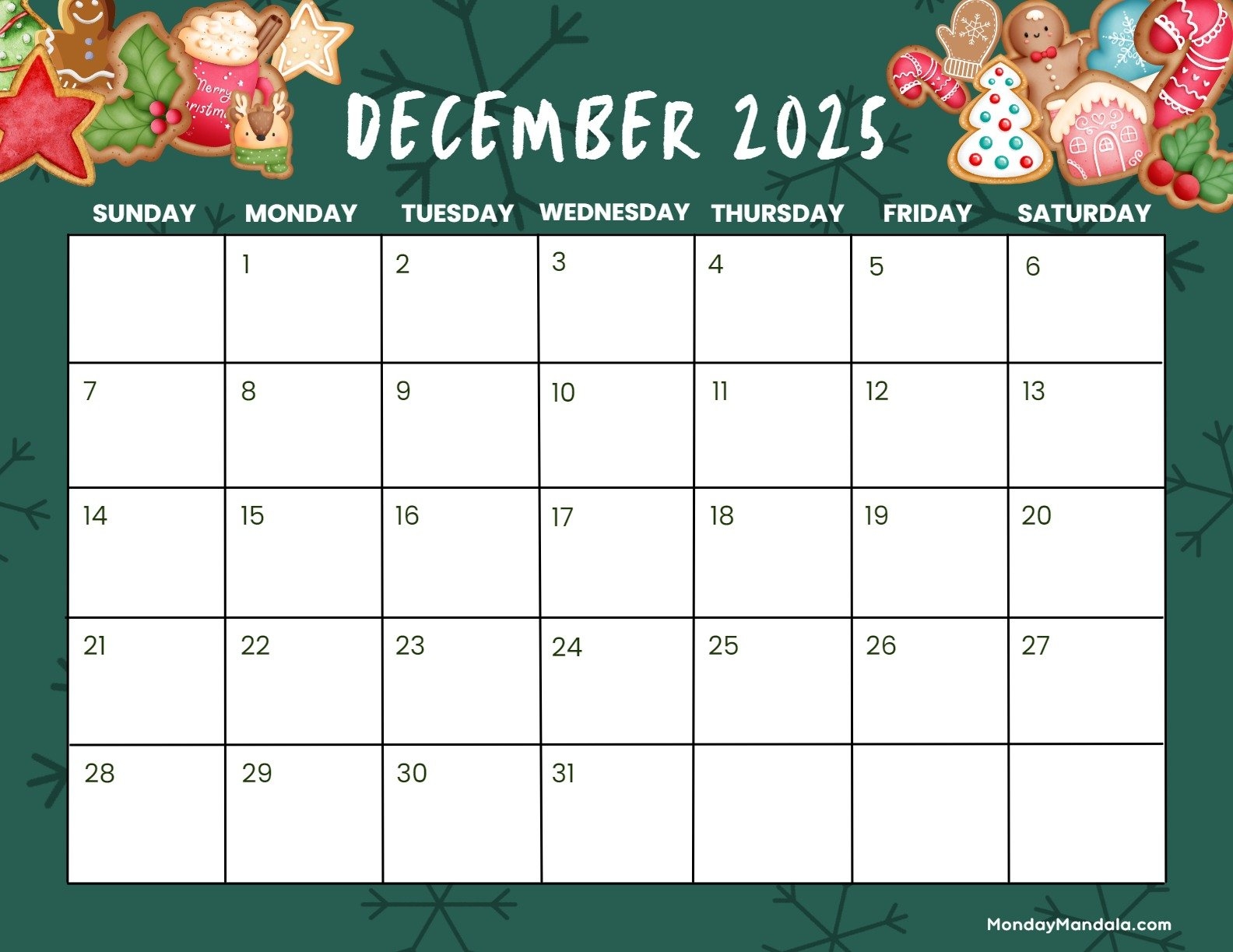 December Free Printable Calendar 2025