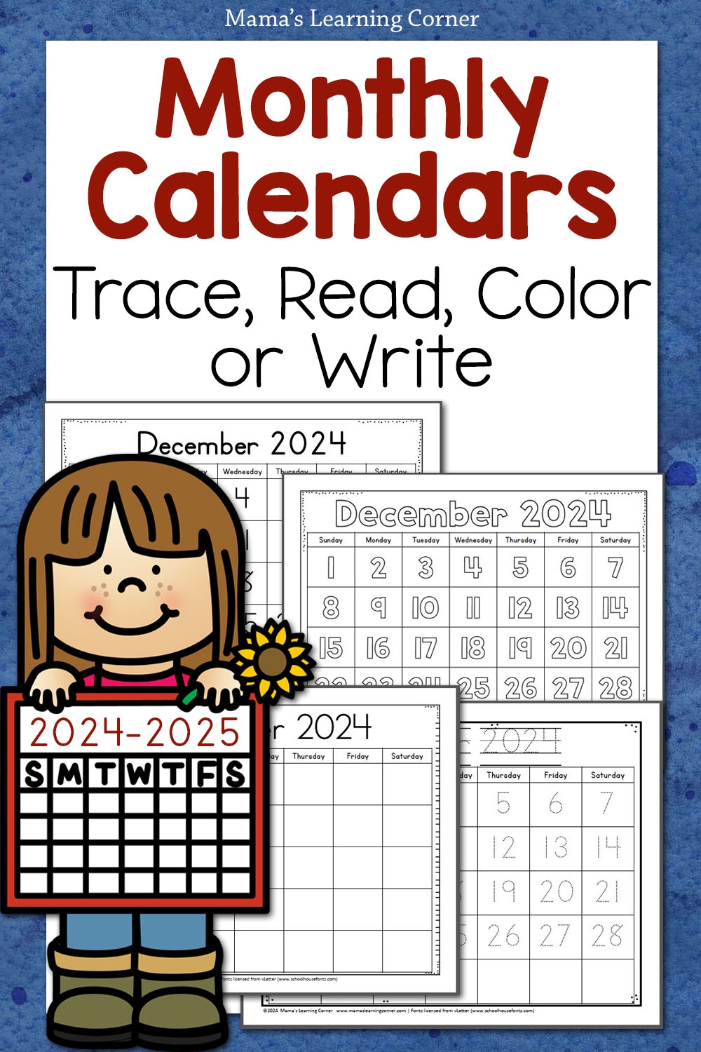 Printable Monthly Calendar 2024 2025 Trace Read Color Or Write Mamas Learning Corner