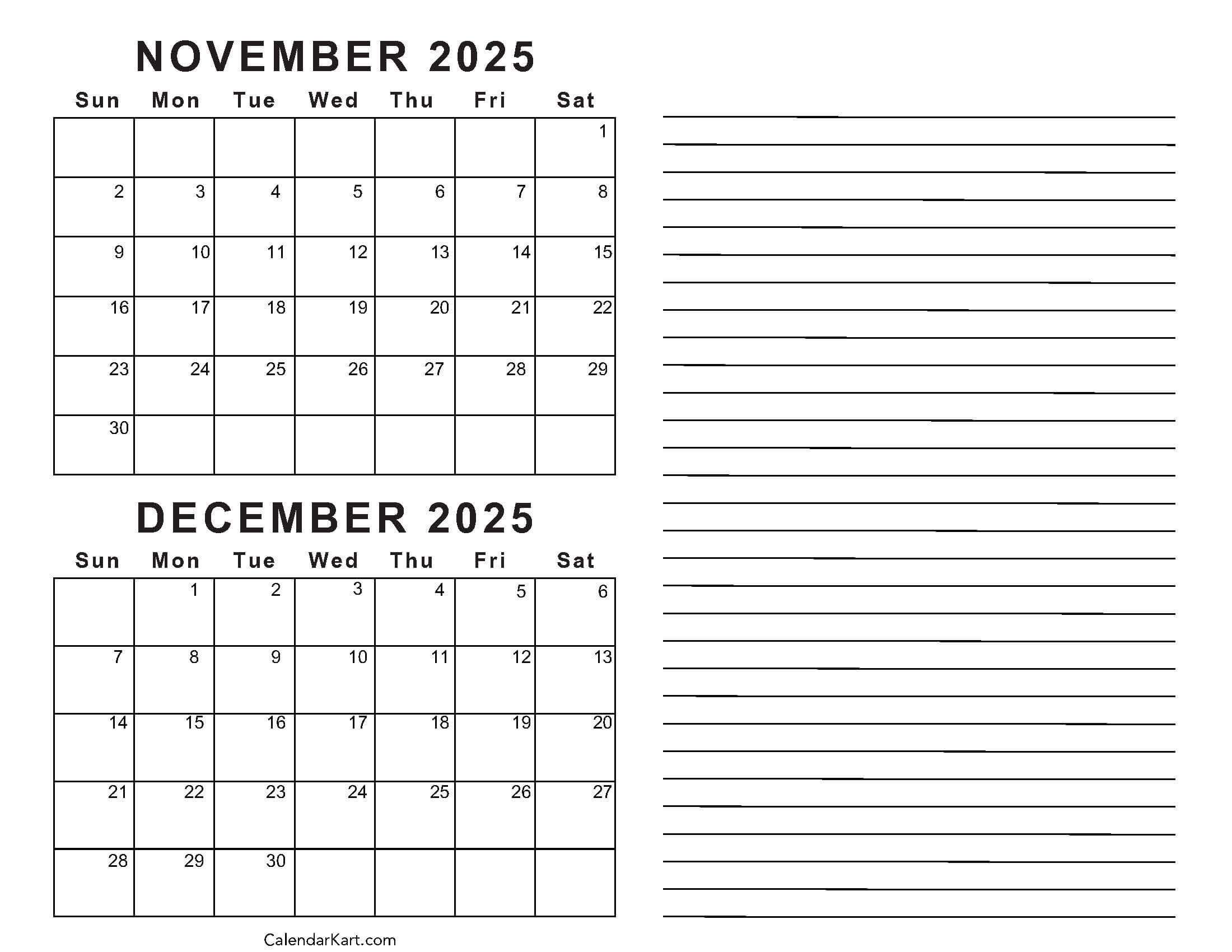 November 2025 December Printable Calendar