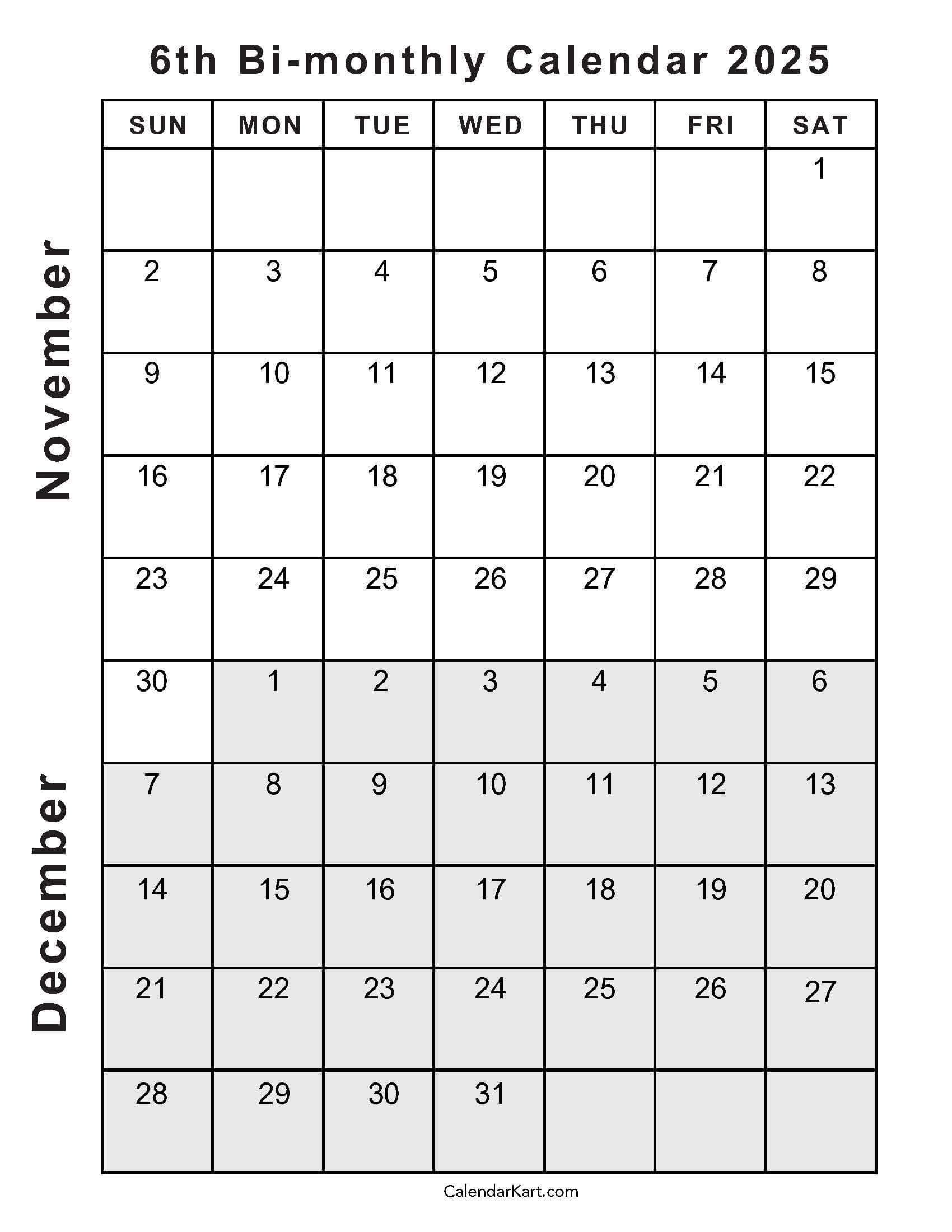 Printable Monthly Calendar November And December 2025
