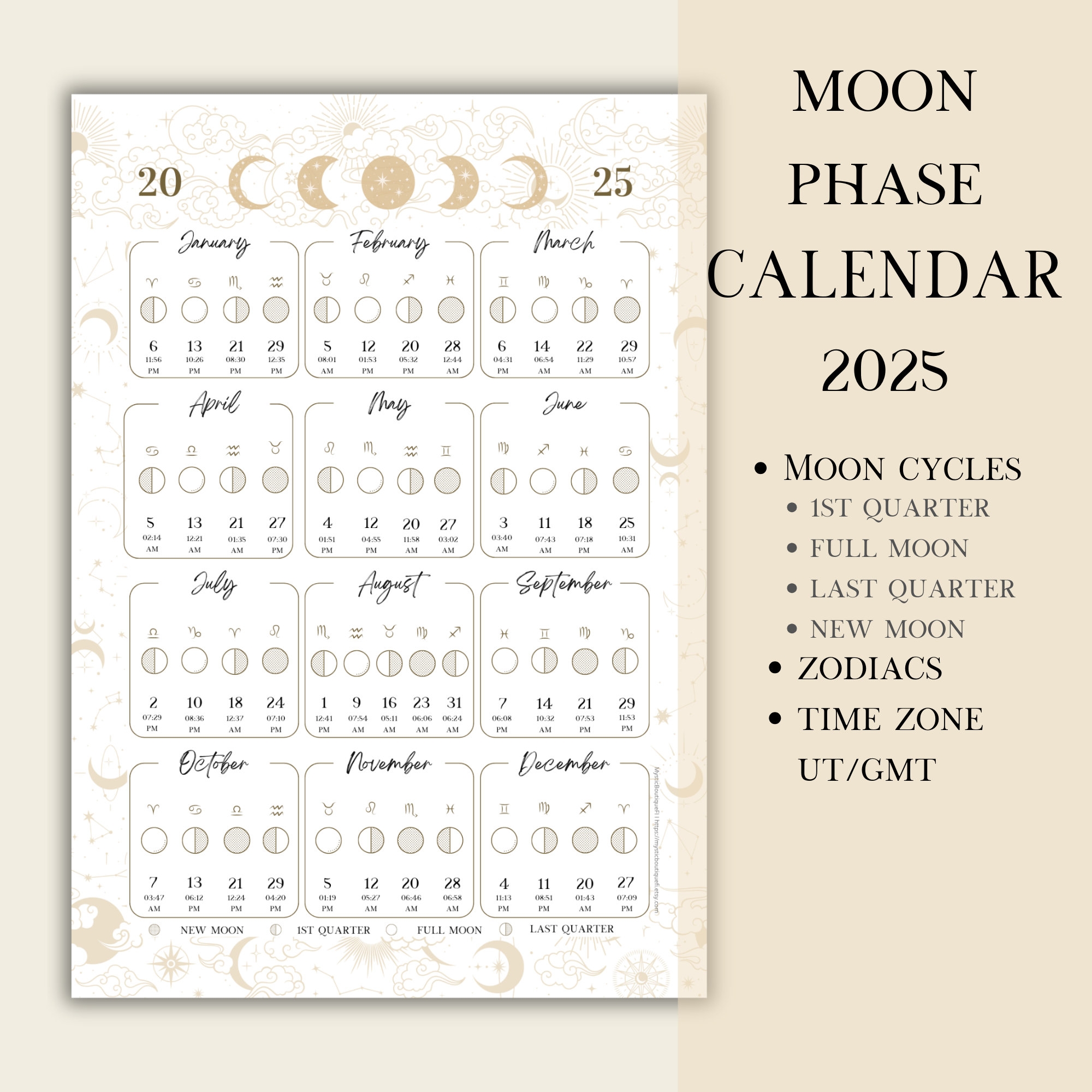 Printable PDF Lunar Calendar Moon Phase Calendar 2025