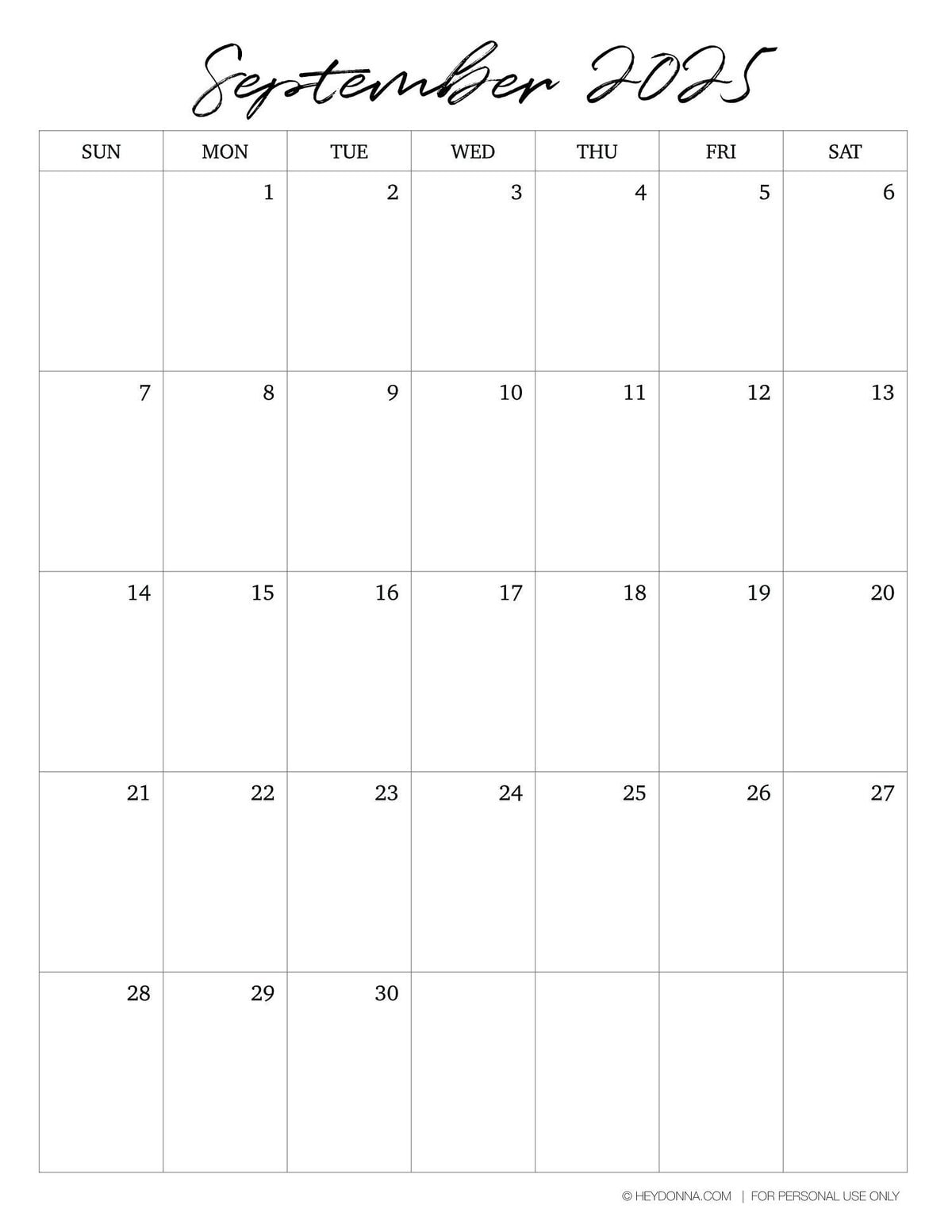 September 2025 Calendar Printable Portrait