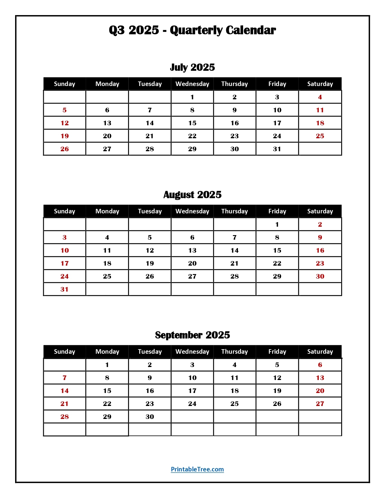 Q3 Quarterly Calendar 2025 Printable PDF Templates