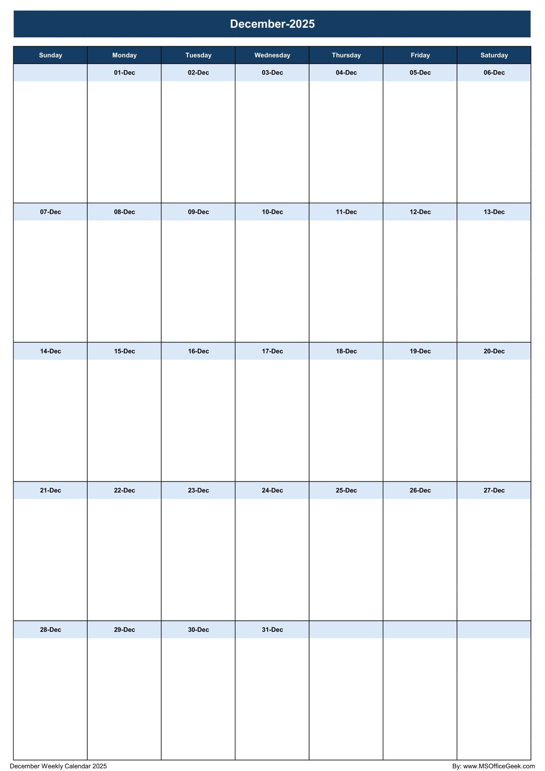 Printable Weekly Calendar December 2025
