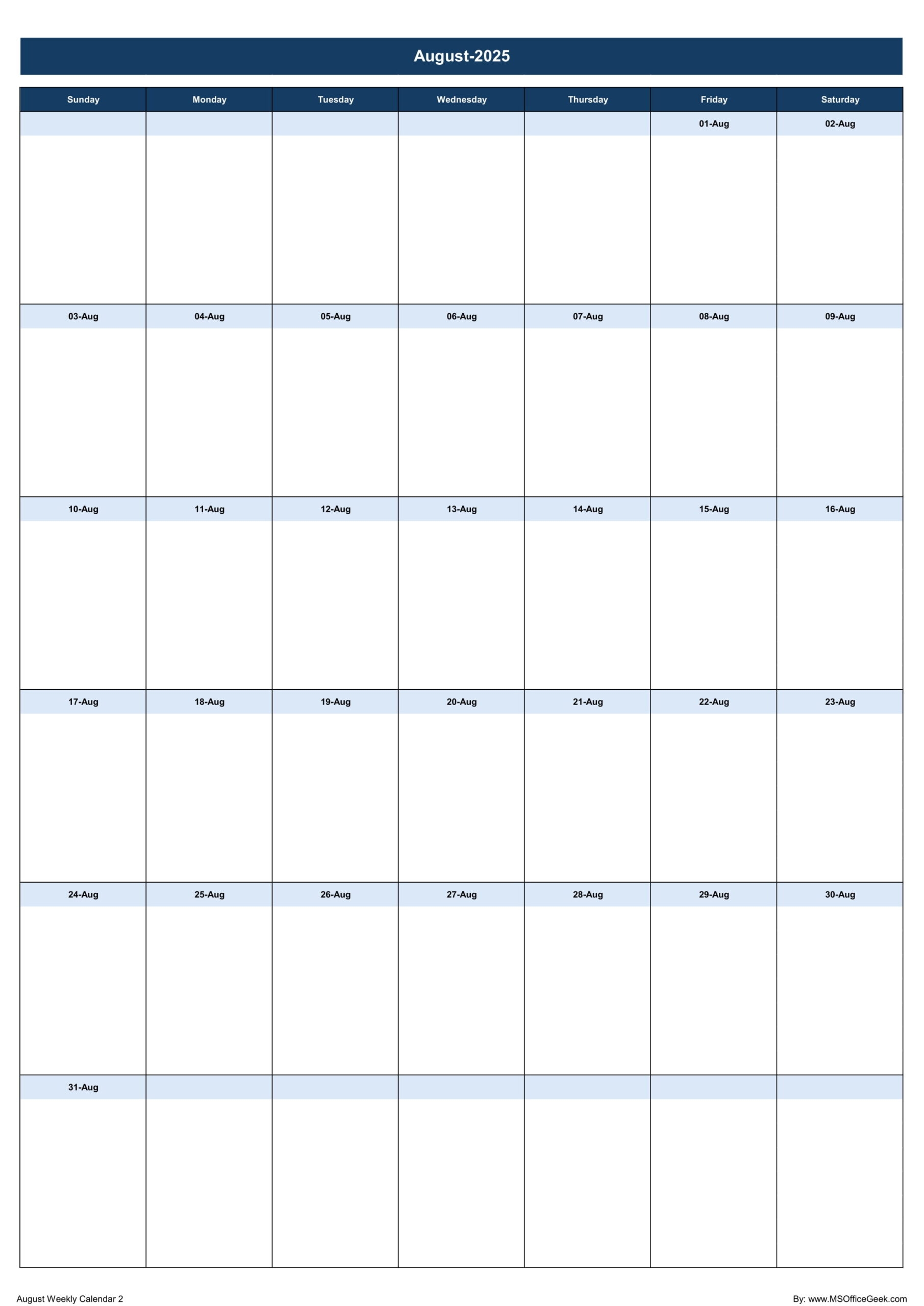 August 2025 Weekly Calendar Printable