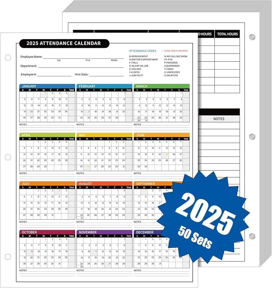ReliThick 50 PCS 2025 Attendance Calendar Card Stock Paper 2025 Attendance Sheets For 3 Hole Binder Employee Record Folders For Manager HR Store 