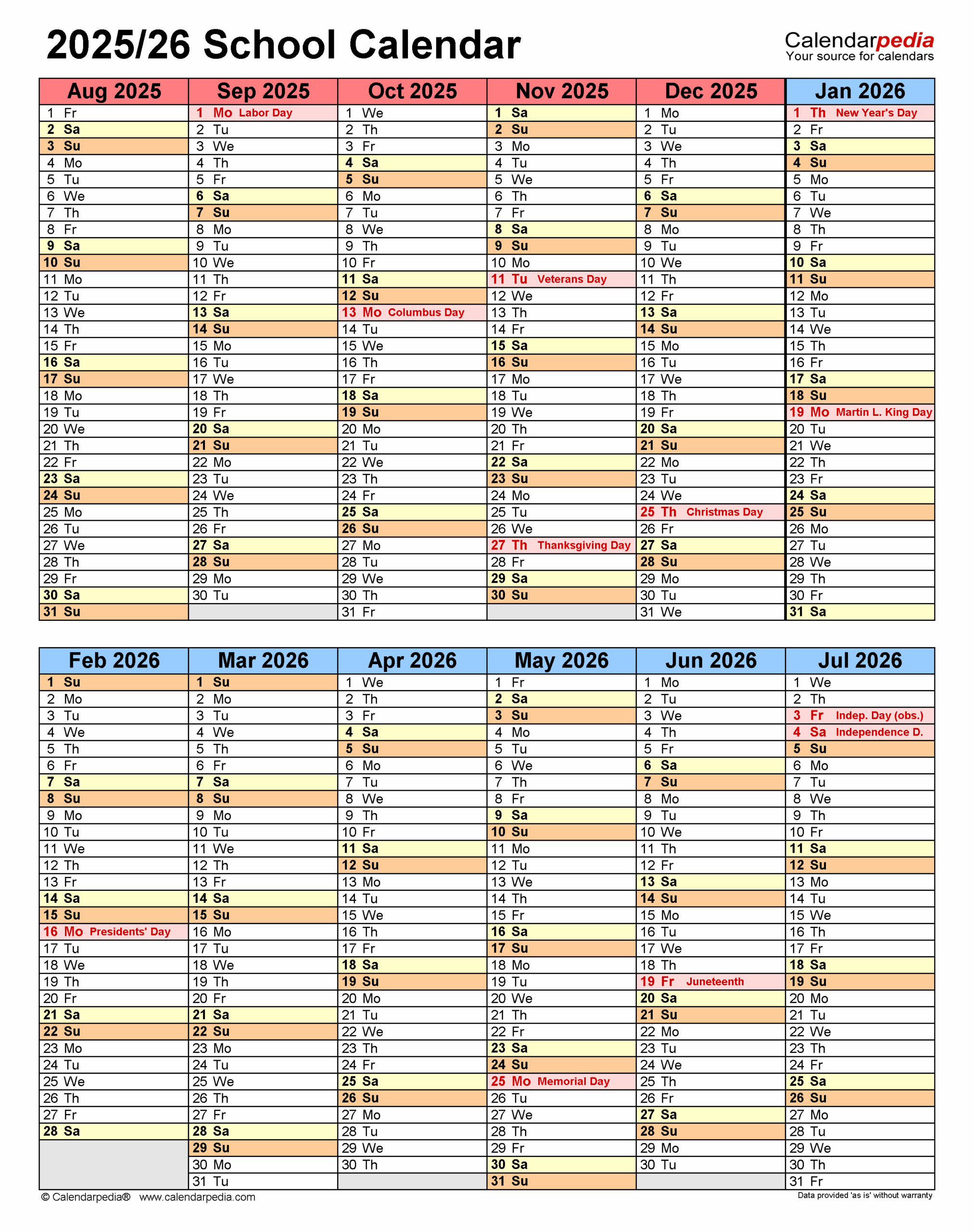 Free Printable Academic Event Calendar Year 2025 2026