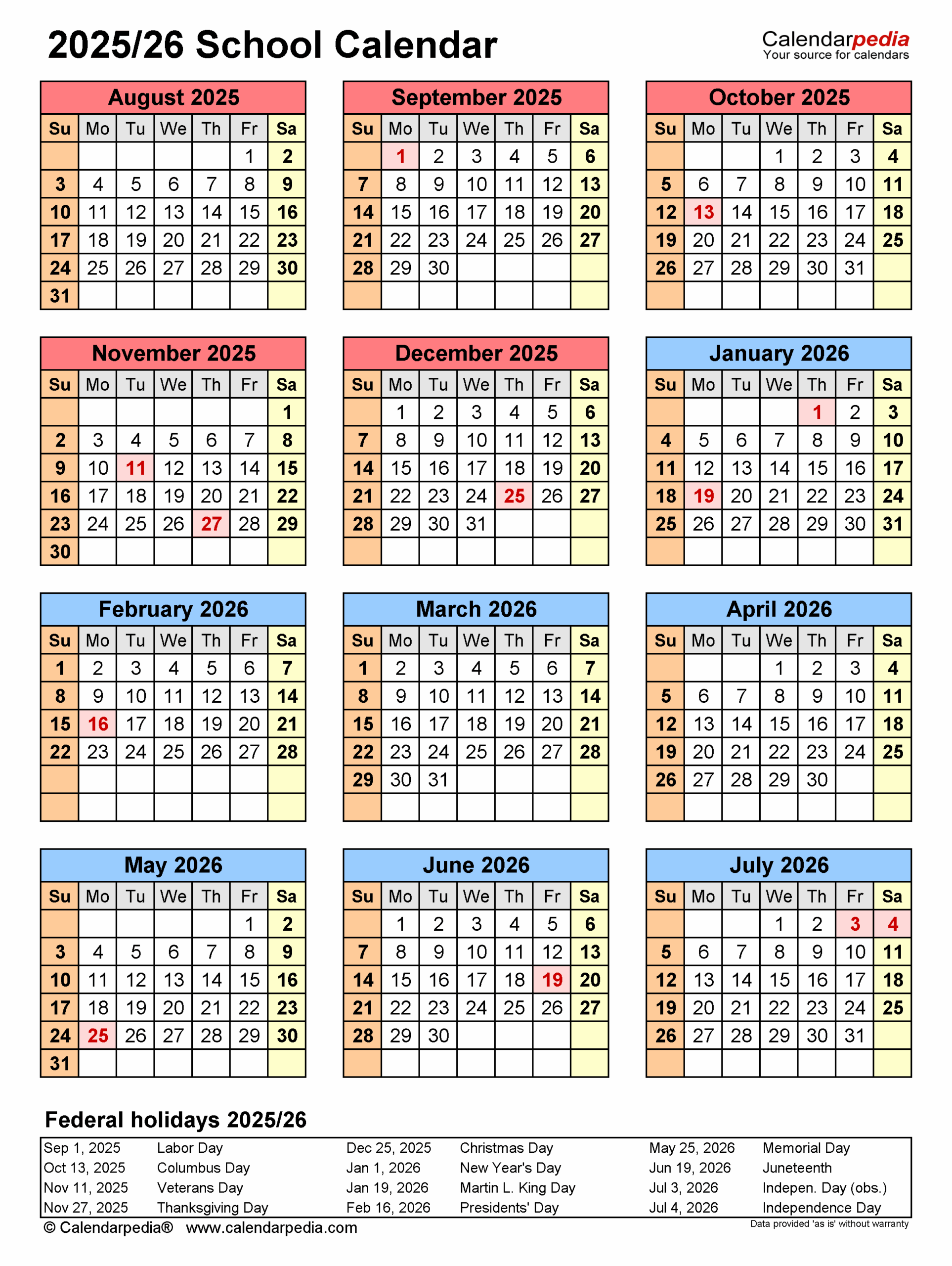 School Calendars 2025 2026 Free Printable PDF Templates