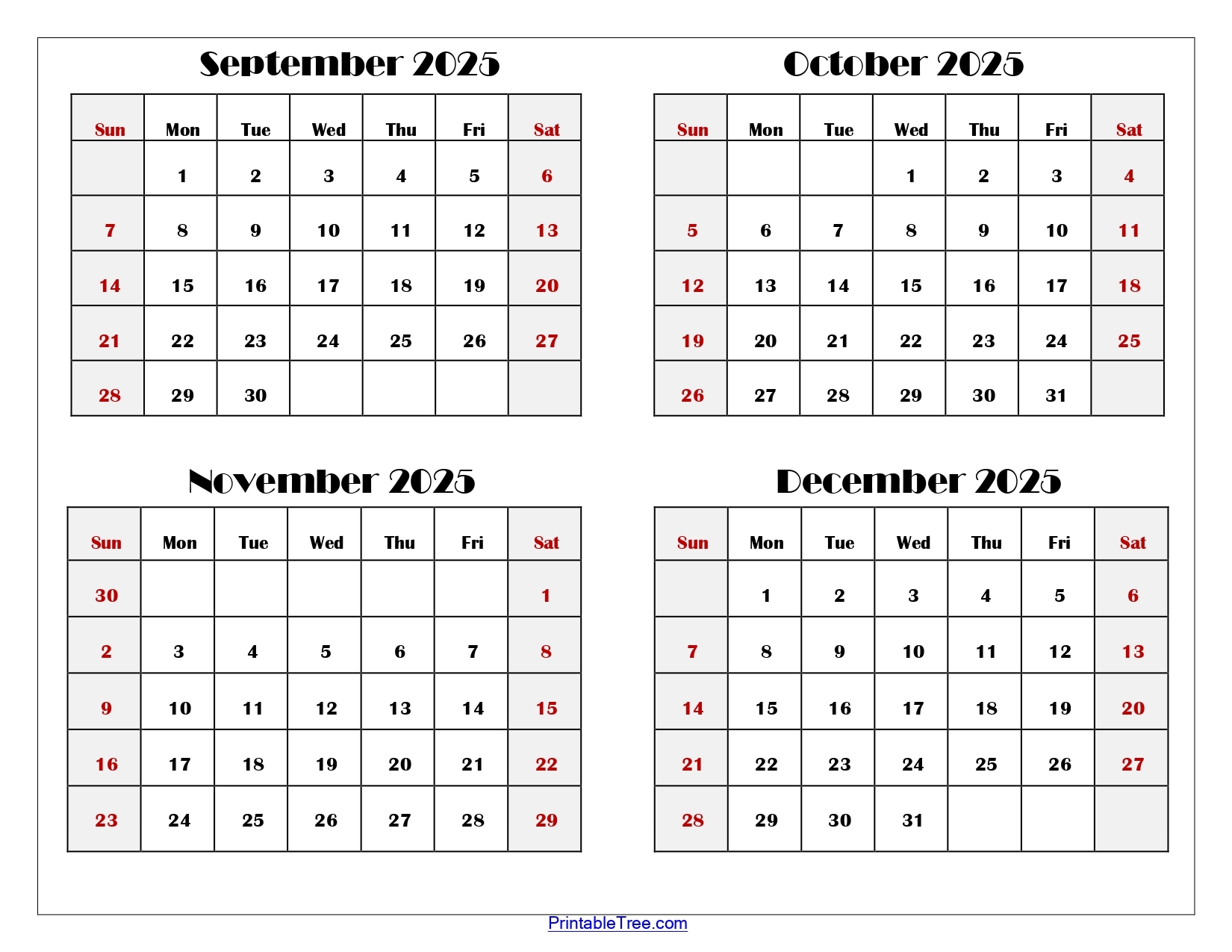 October Through December 2025 Calendar