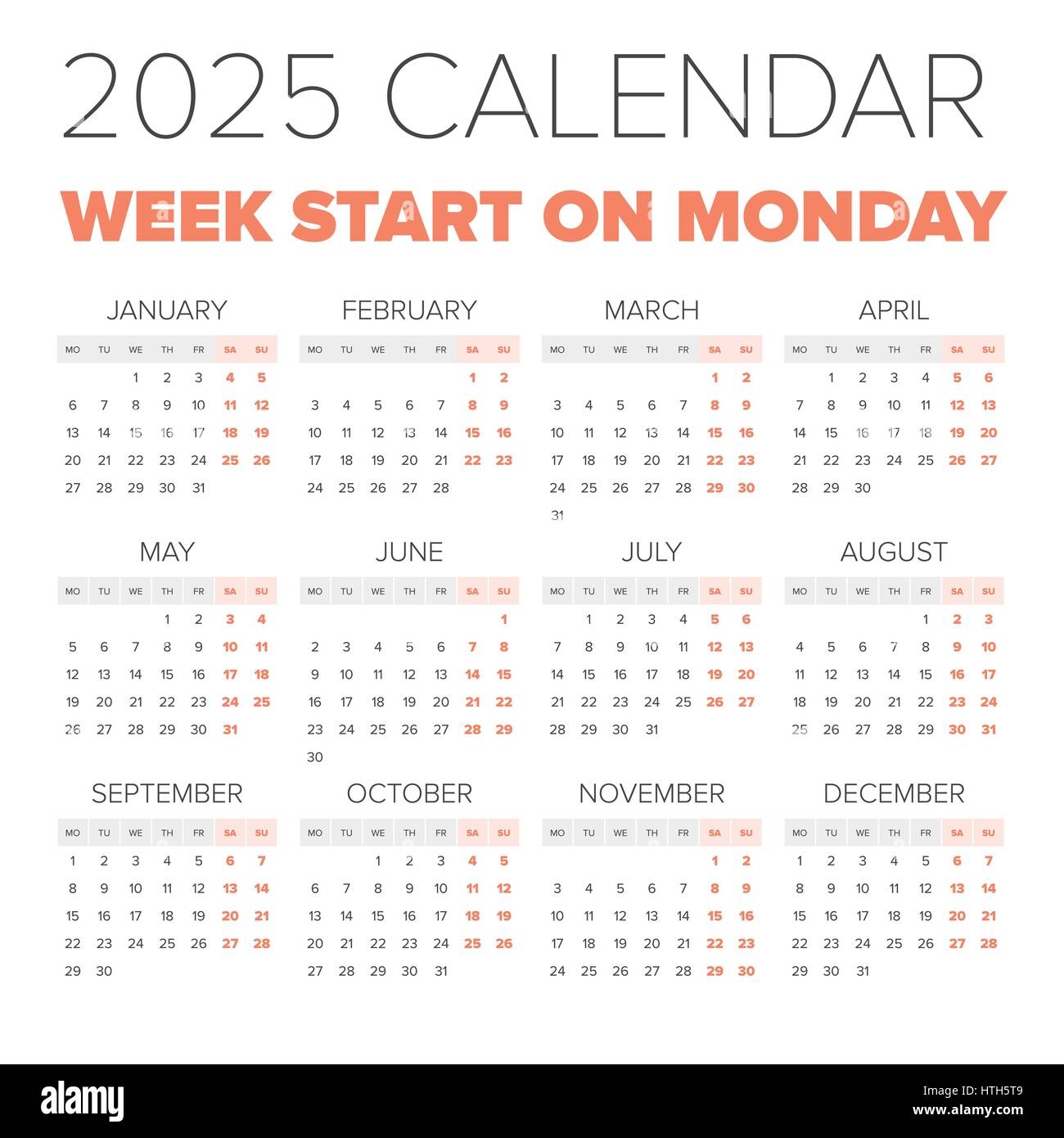 Simple 2025 Year Calendar Week Starts On Monday Stock Vector Image U0026 Art Alamy