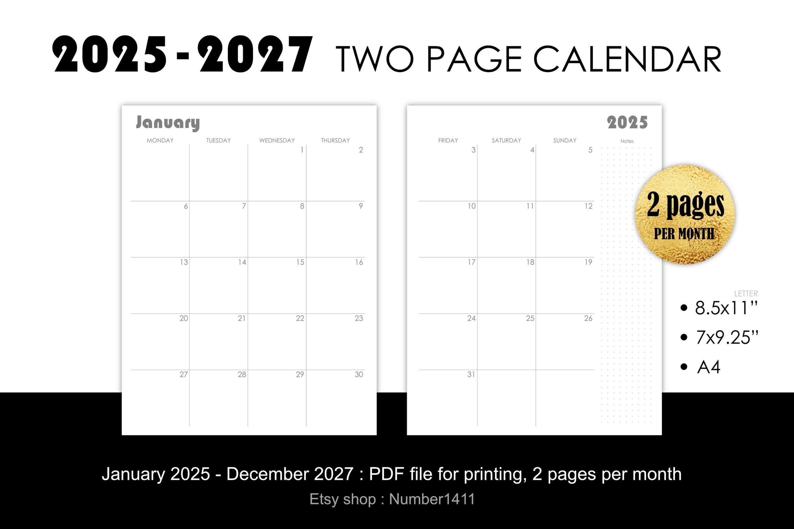 Two Page Calendar 2025 2027 Printable Monthly Planner Calendar For 24 Months 2 Years Start Monday L 8 5x11