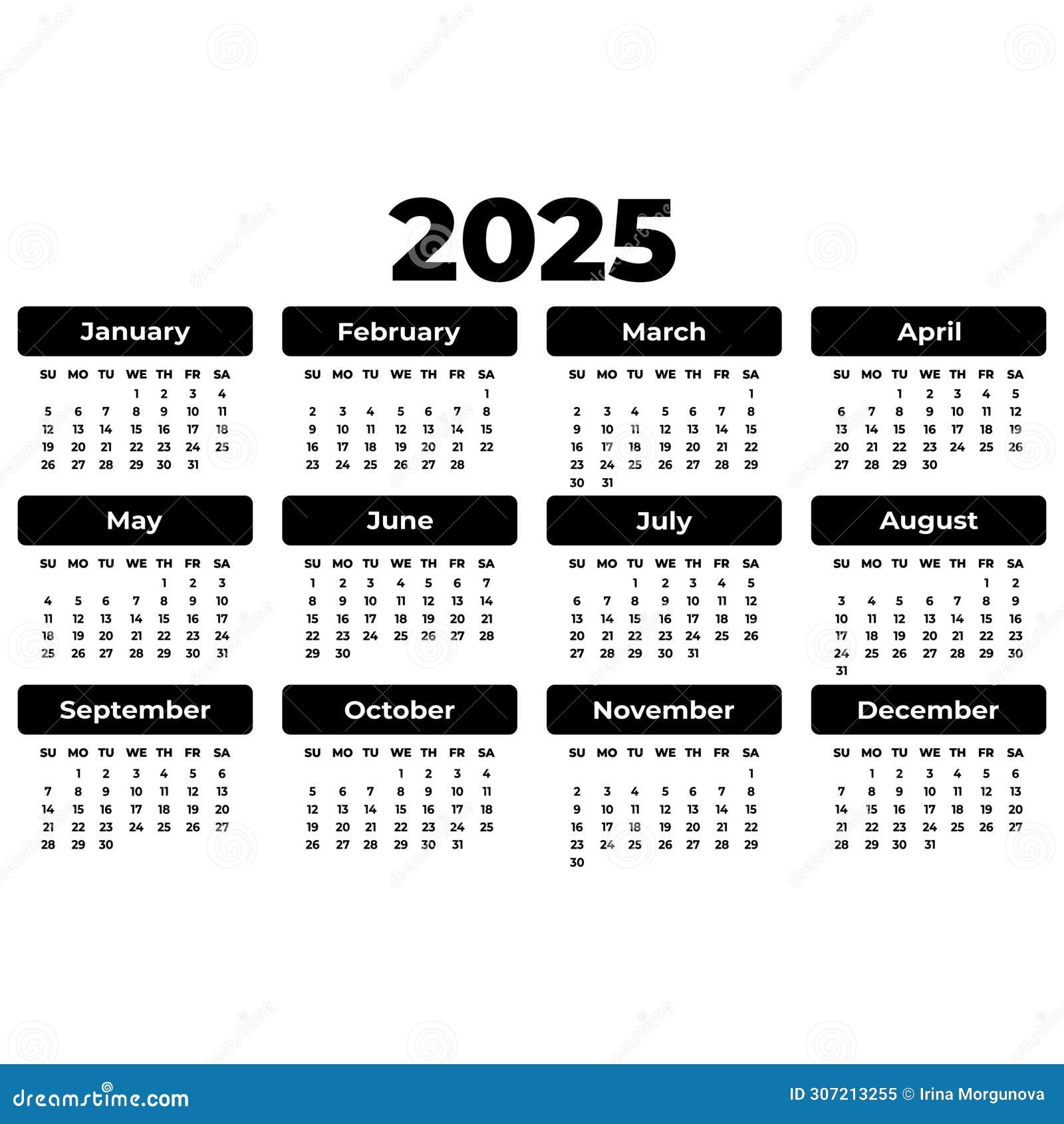 Vector Horizontal Calendar For 2025 Year Large Bold Font Isolated Template For Planner Stock Vector Illustration Of Handmade Layout 307213255