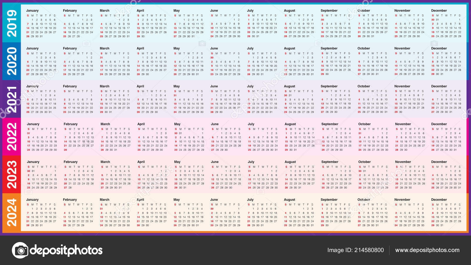 Year 2019 2020 2021 2022 2023 2024 Calendar Vector Design Stock 