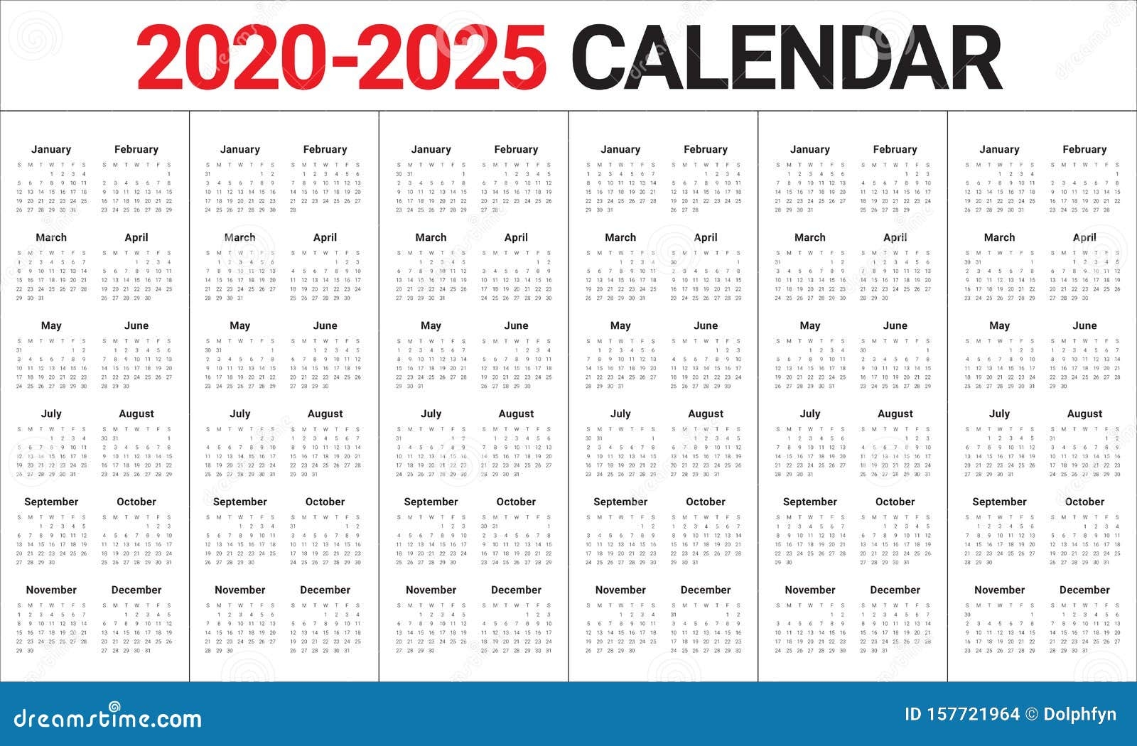 Year 2020 2021 2022 2023 2024 2025 Calendar Vector Design Template