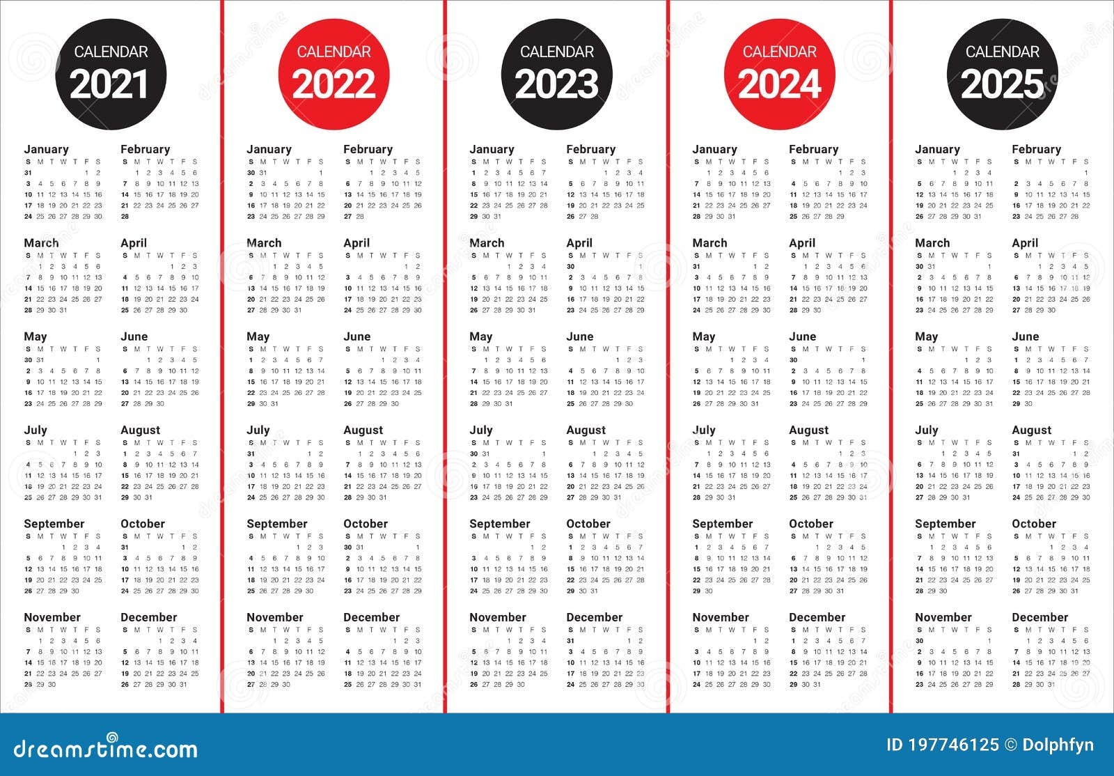Year 2021 2022 2023 2024 2025 Calendar Vector Design Template 