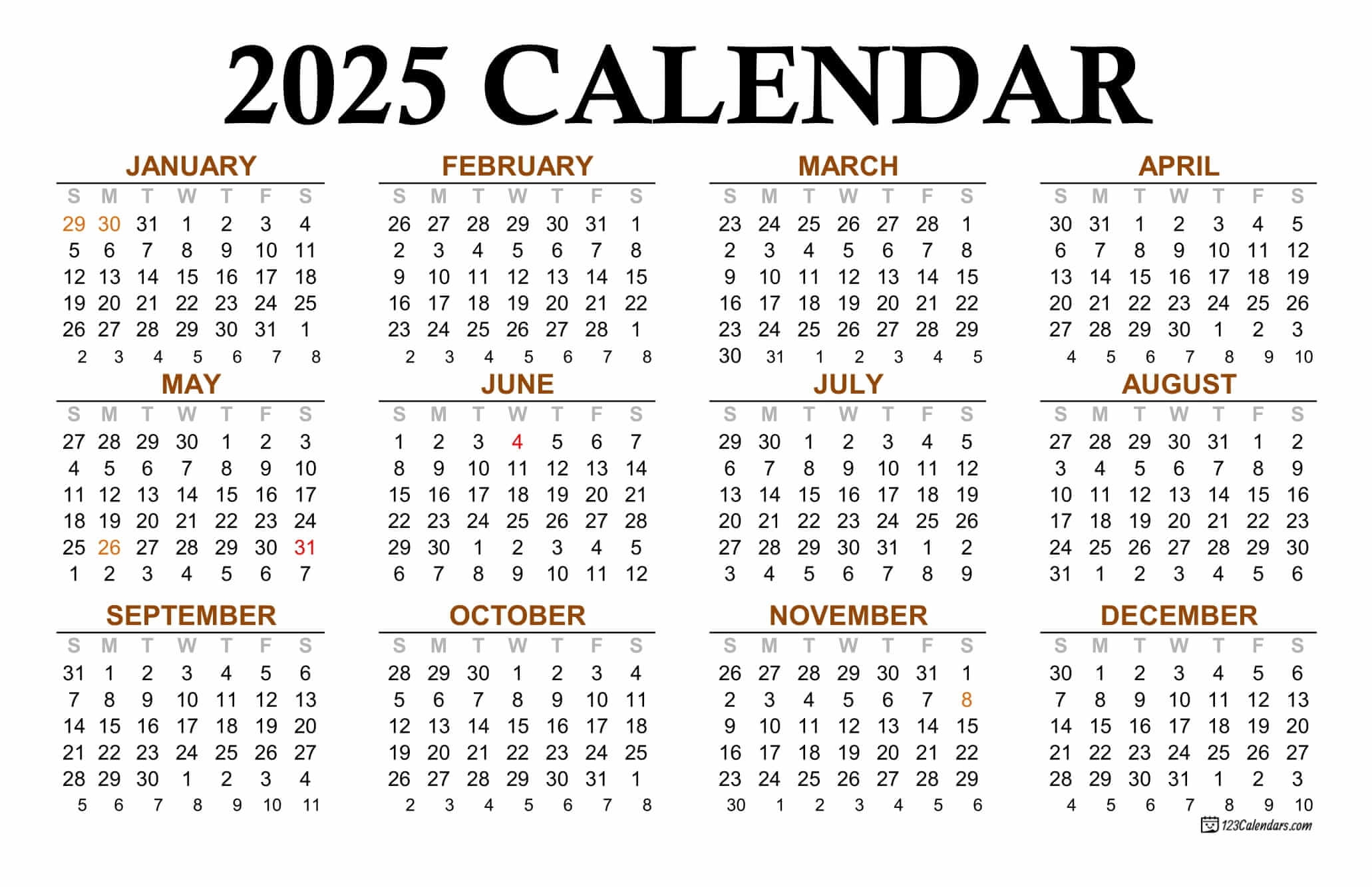 Year 2025 Calendar Printable