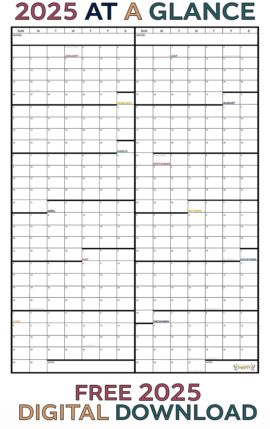 Printable Year At A Glance Calendar 2025