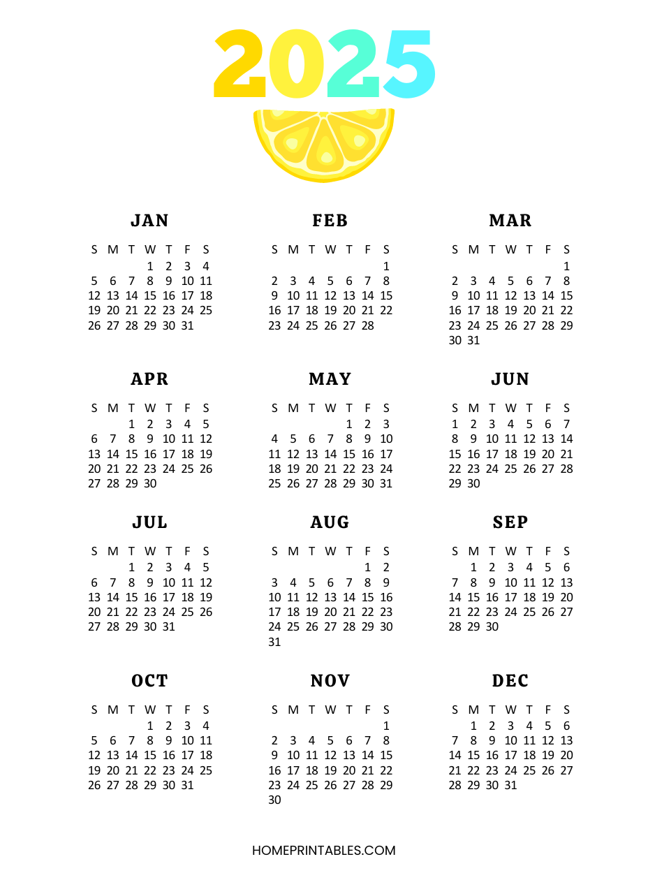Free Printable 2025 Yearly Calendar On One Page