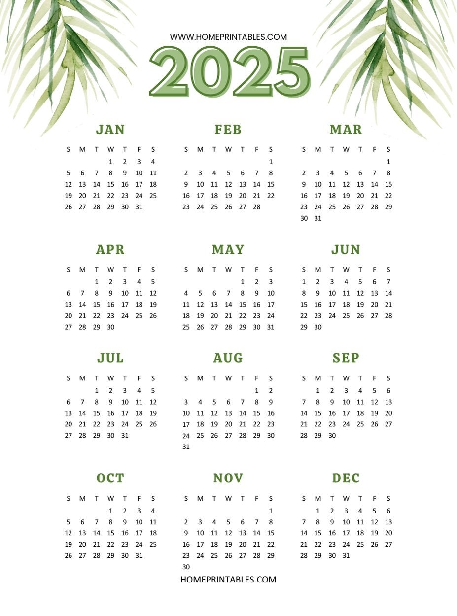 Free Printable 2025 1 Page Yearly Calendar