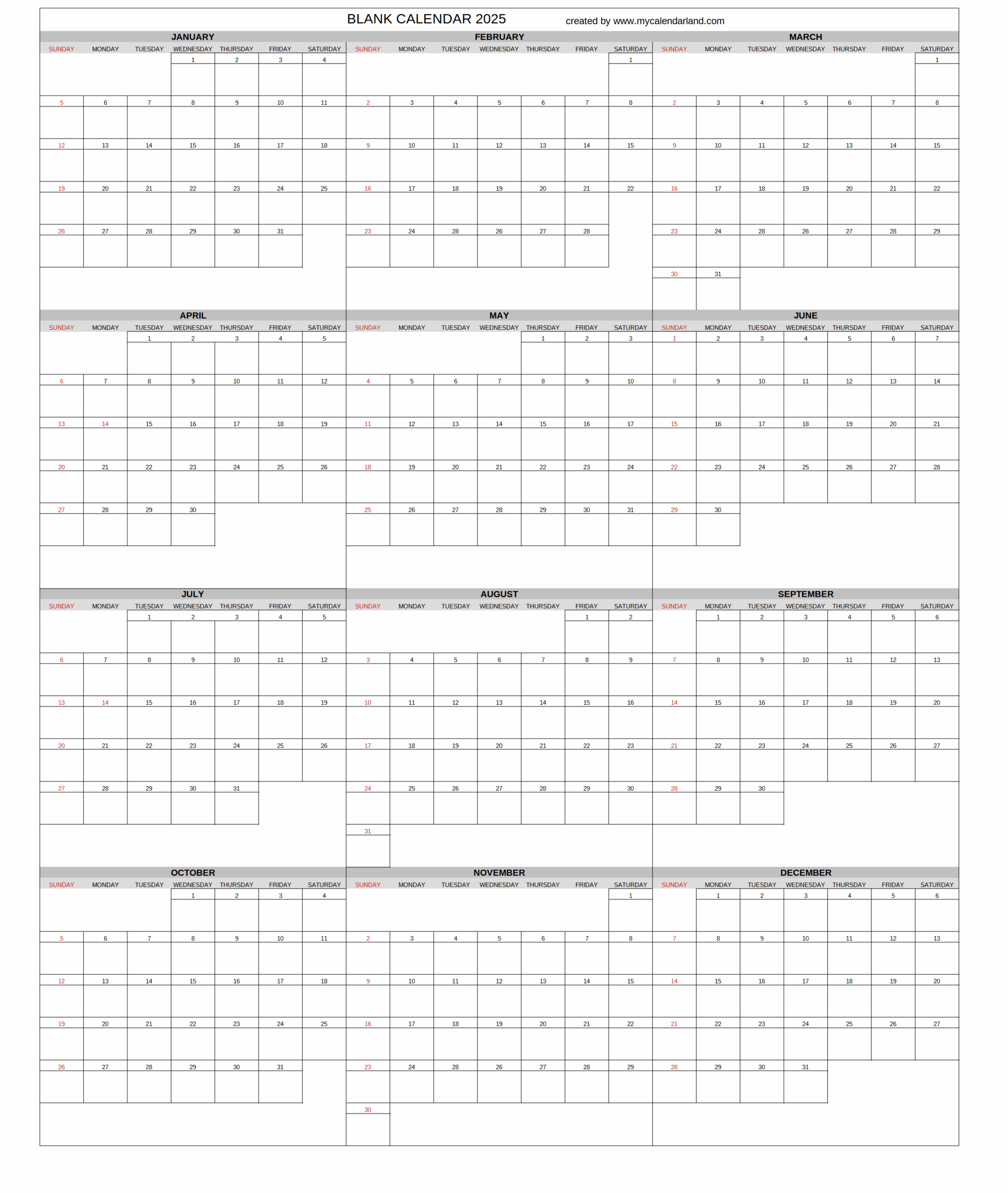 Free Printable Calendar 2025 Blank