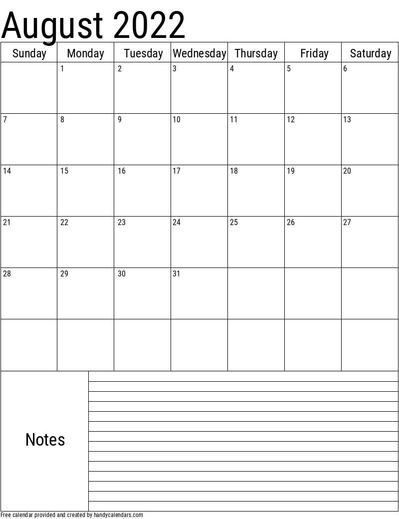 2022 August Calendars Handy Calendars