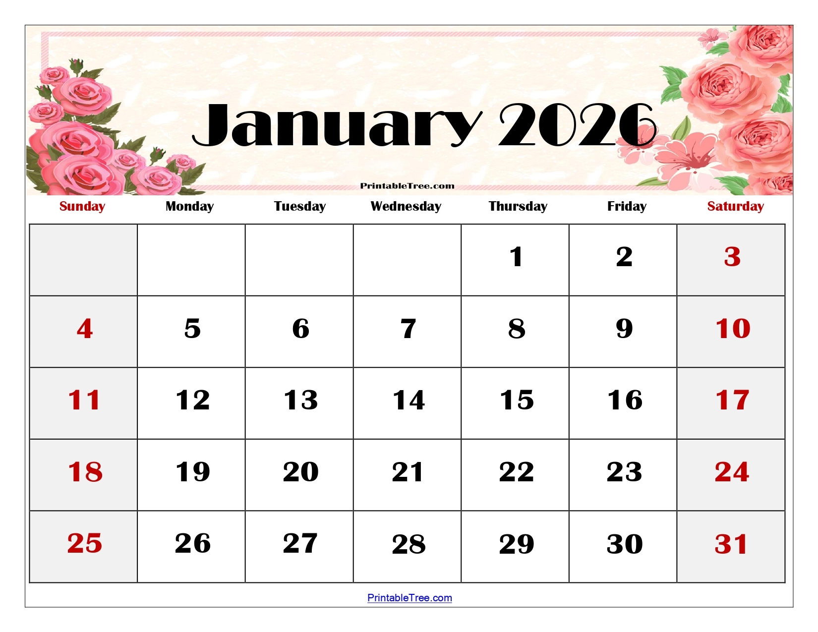 Blank January 2026 Calendar Printable Free