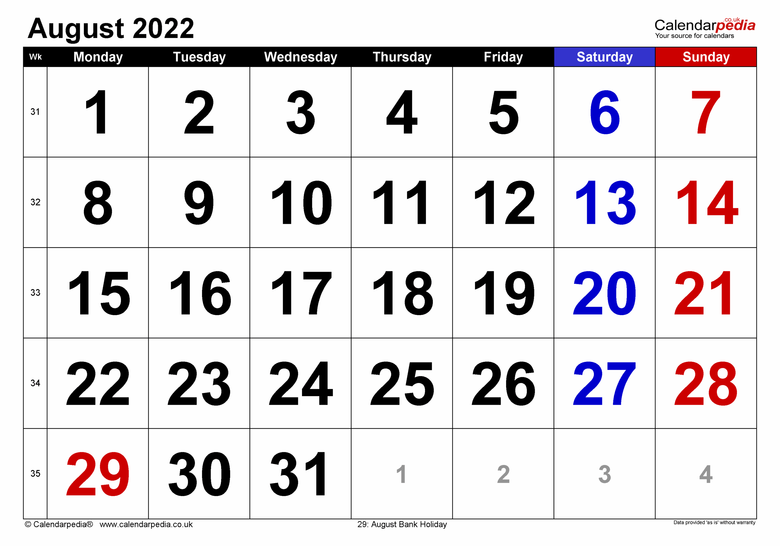 Calendar August 2022 UK With PDF Excel And Word Templates