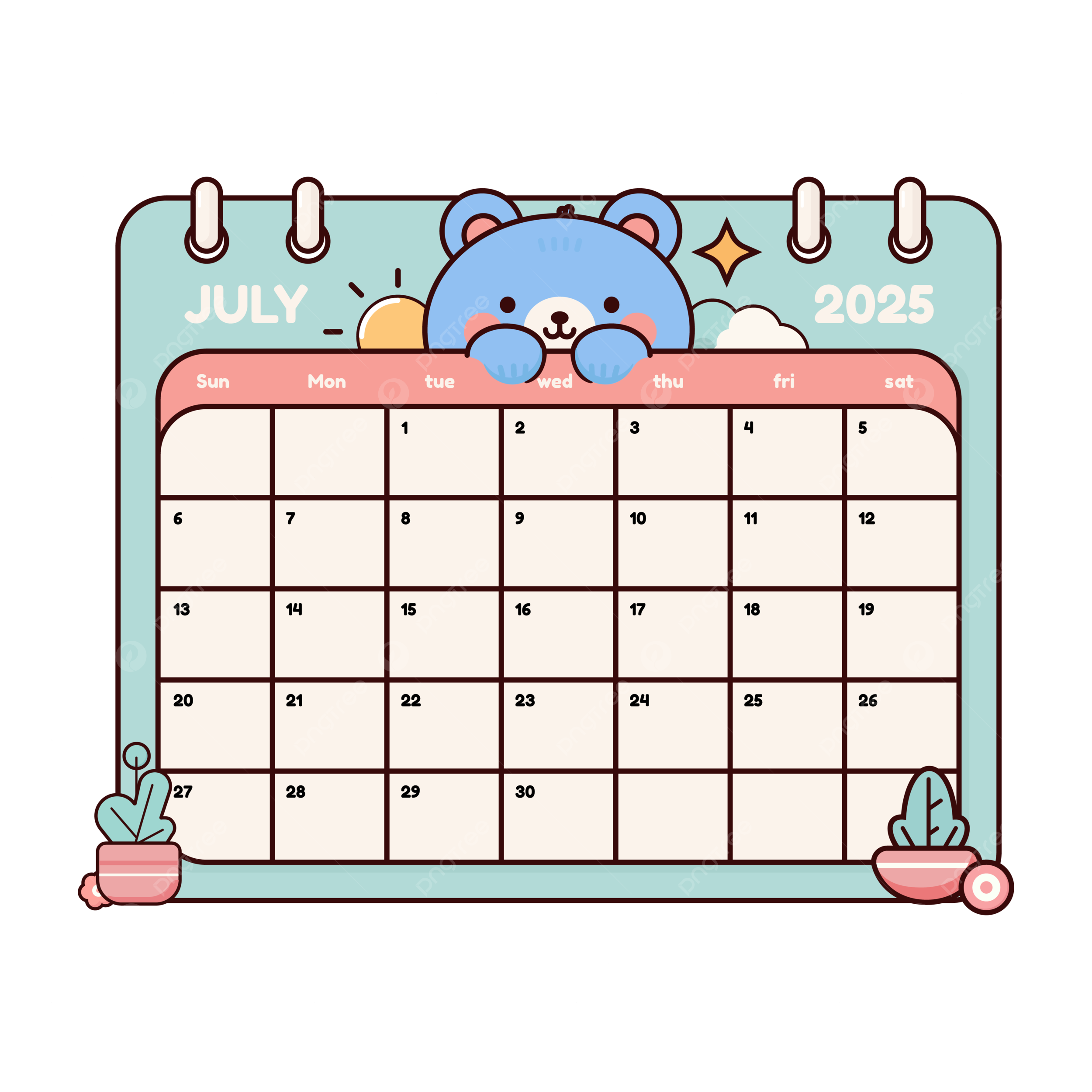 Cute Cartoon Bear July 2025 Calendar Planner Vector Calendar 2025 July PNG And Vector With Transparent Background For Free Download