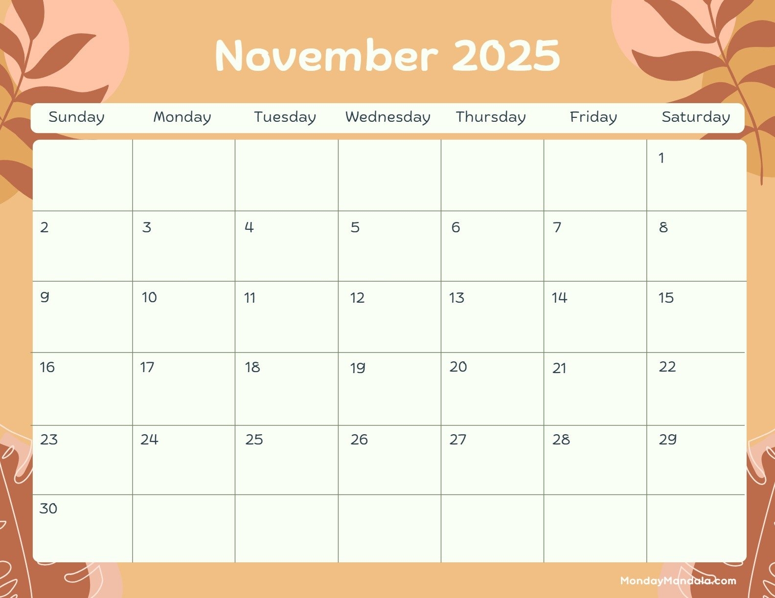 November 2025 Calendar Thanksgiving Free Printable