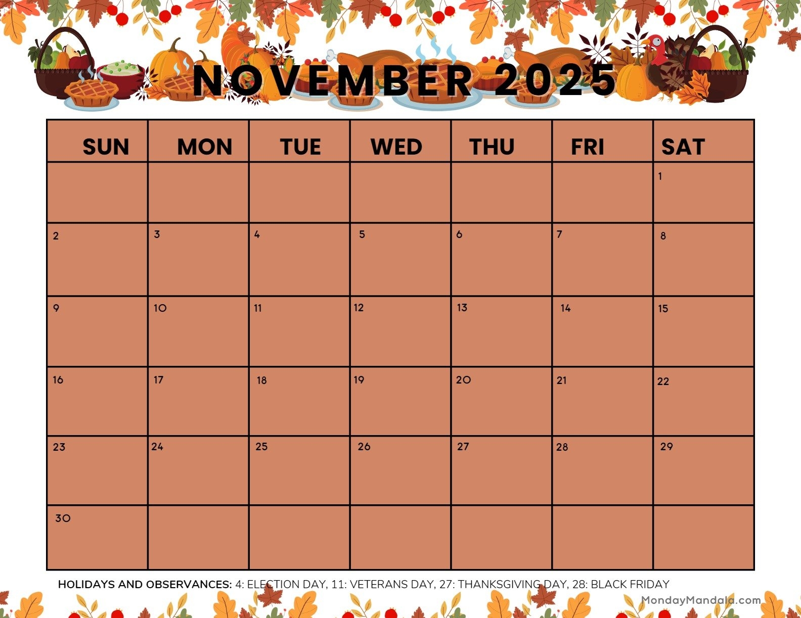 November 2025 Thanksgiving Calendar Printable
