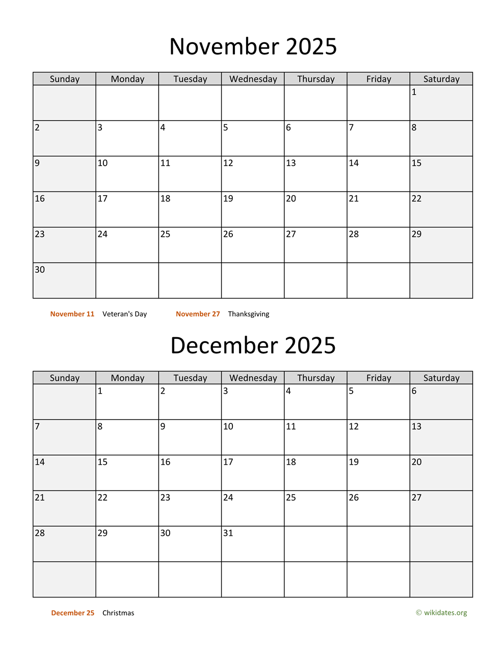 Free Printable Calendar 2025 November December