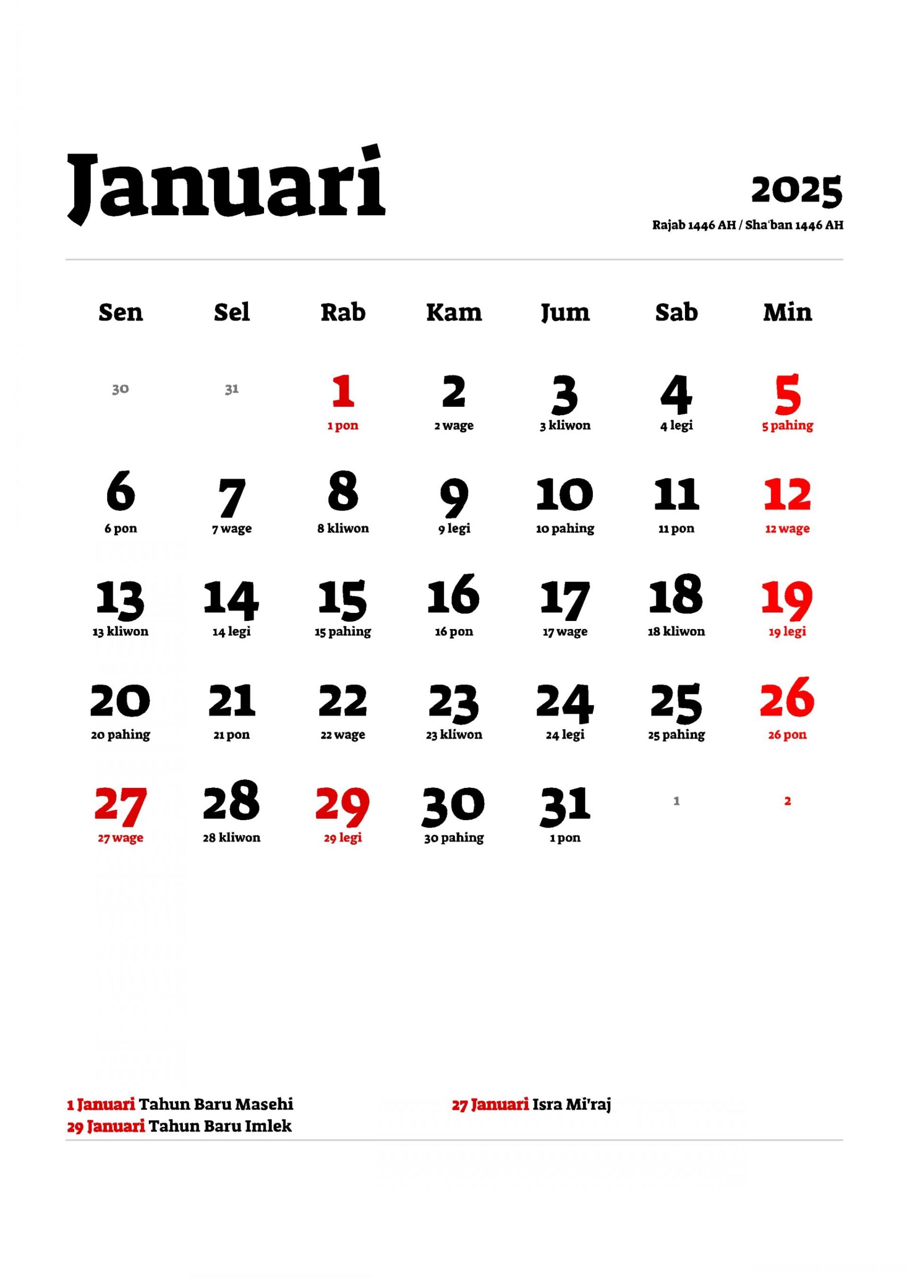 Printable Basic Calendar With Indonesian Java Pasaran And Hijr Layout
