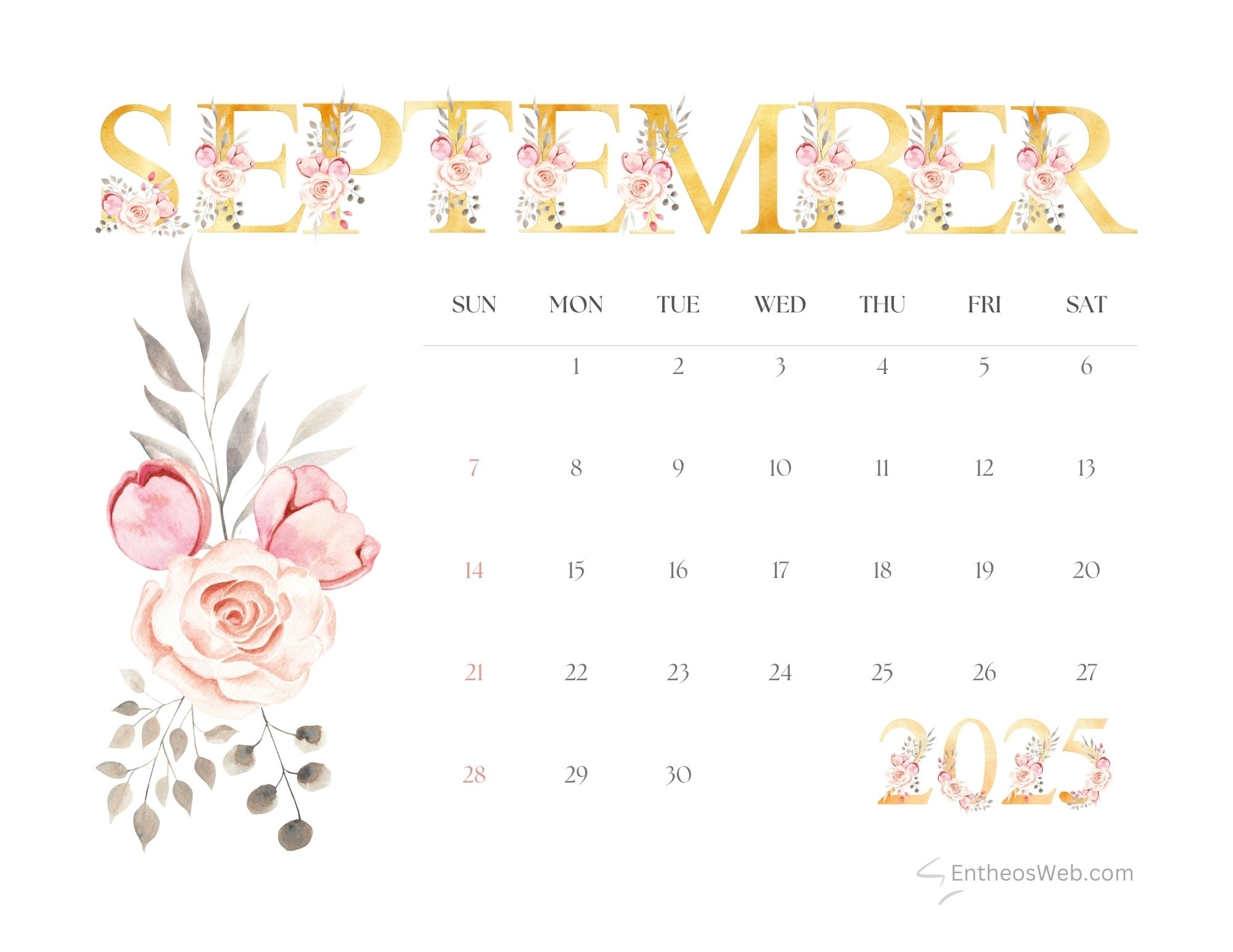 September Calendar 2025 Pink